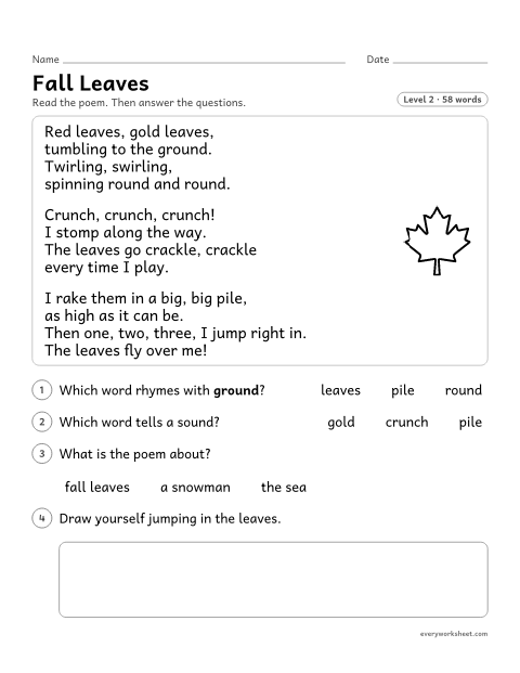 Preview of the printable “Fall leaves” worksheet: reading a poem and finding its rhymes and sound words