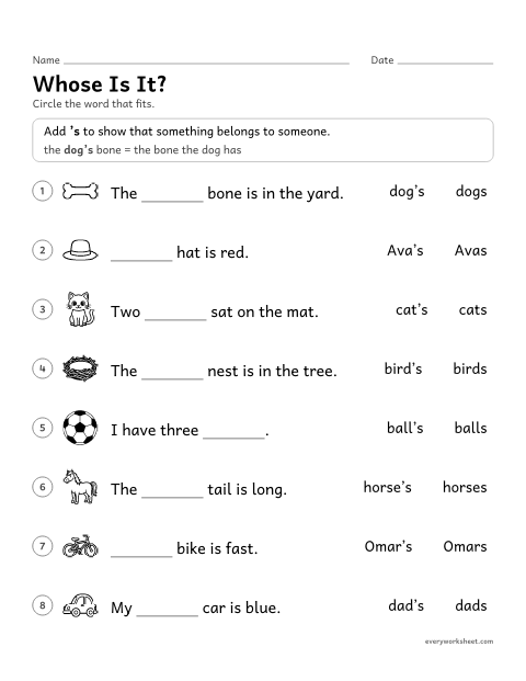 Preview of the printable “Whose is It?” worksheet: using 's to show who owns something