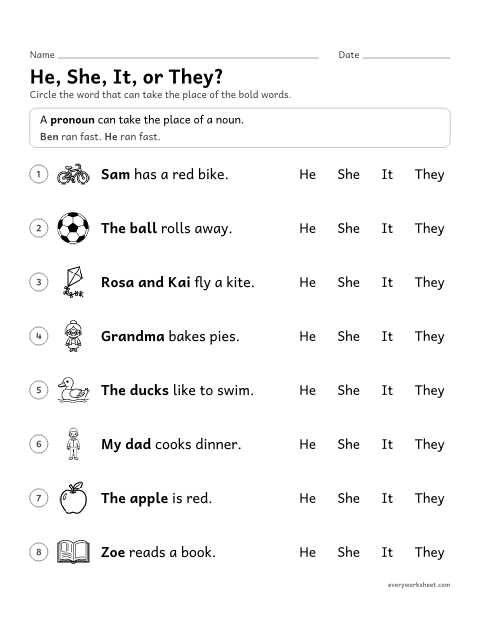 Preview of the printable “He, She, It, or They?” worksheet: using he, she, it and they in place of nouns