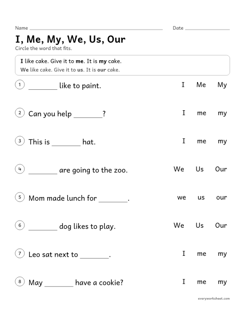 Preview of the printable “I, Me, My, We, Us, our” worksheet: using I, me, my, we, us and our