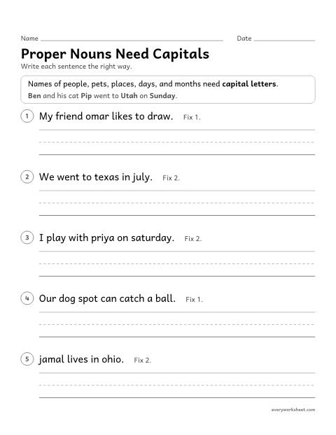 Preview of the printable “Proper nouns need capitals” worksheet: capitalizing names of people, places, days and months