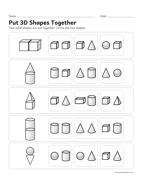 Preview of the printable “Put 3D shapes together” worksheet: naming the solid shapes that make a composite solid