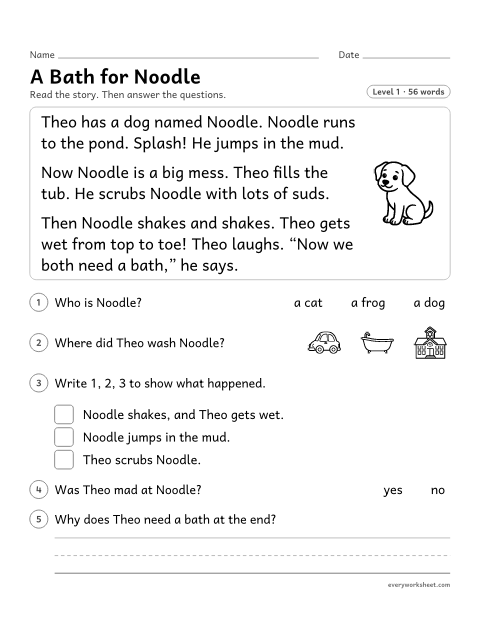 Preview of the printable “A bath for noodle” worksheet: telling the problem and the ending of a short story