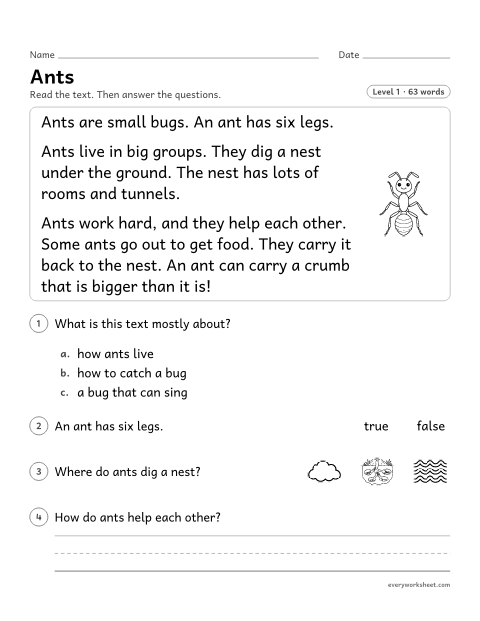 Preview of the printable “Ants” worksheet: telling the main topic and key details of a short nonfiction text