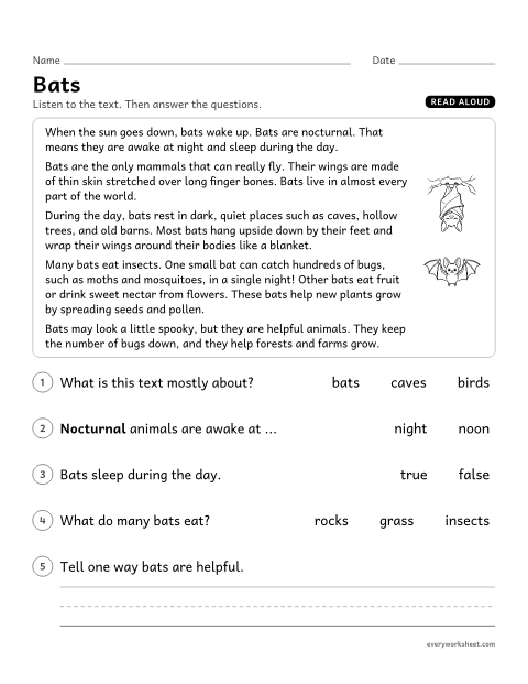 Preview of the printable “Bats” worksheet: listening to a nonfiction text read aloud and answering questions about key details