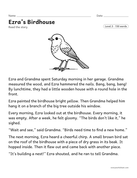Preview of the printable “Ezra's birdhouse” worksheet: telling the problem, key events and ending of a story