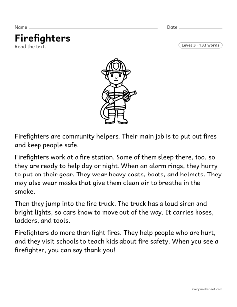 Preview of the printable “Firefighters” worksheet: using the text to work out the meaning of a word in a nonfiction text