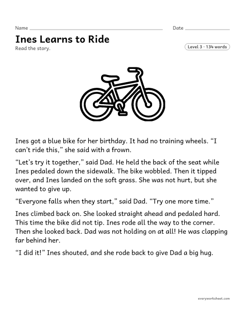 Preview of the printable “Ines learns to ride” worksheet: describing how a character feels and changes across a story