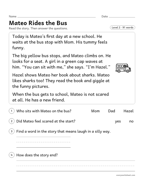 Preview of the printable “Mateo rides the bus” worksheet: describing the characters, setting and events of a story