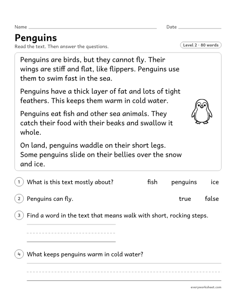 Preview of the printable “Penguins” worksheet: using the text to work out the meaning of a word in a nonfiction text