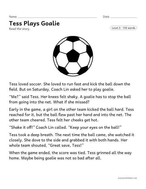 Preview of the printable “Tess plays goalie” worksheet: describing how a character feels and changes across a story