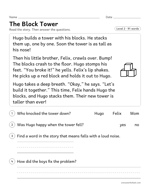 Preview of the printable “The block tower” worksheet: telling the problem in a story and how the characters solve it