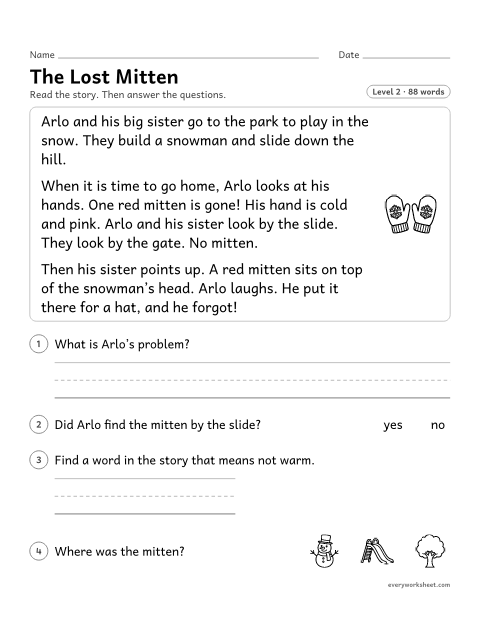 Preview of the printable “The lost mitten” worksheet: telling the setting, the problem and how a story ends