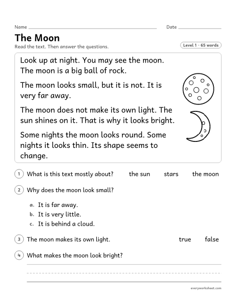 Preview of the printable “The moon” worksheet: answering questions about key details in a short nonfiction text