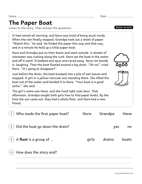 Preview of the printable “The paper boat” worksheet: listening to a story read aloud and answering questions about key details