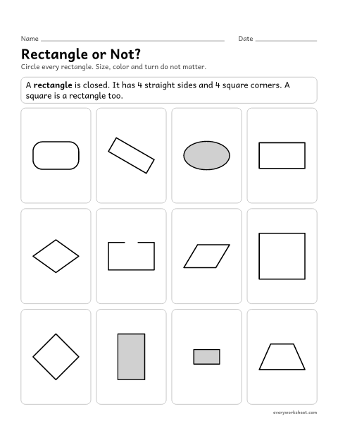 Preview of the printable “Rectangle or Not?” worksheet: using defining attributes: 4 straight sides and 4 square corners (a square counts)