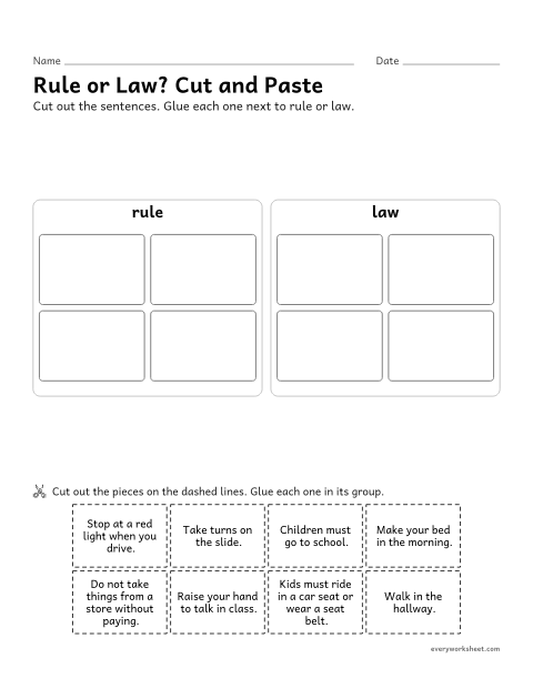 Preview of the printable “Rule or Law? cut and paste” worksheet: sorting rules and laws