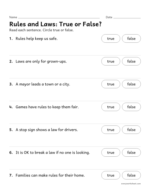Preview of the printable “Rules and laws true or false” worksheet: checking facts about rules, laws and leaders