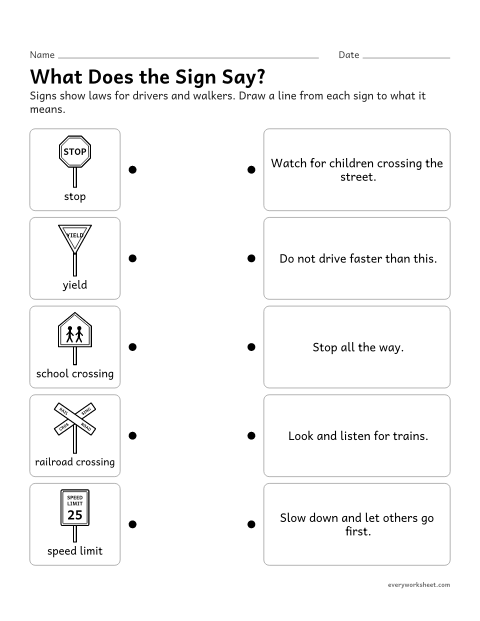 Preview of the printable “Safety signs matching worksheet” worksheet: reading safety signs that show traffic laws