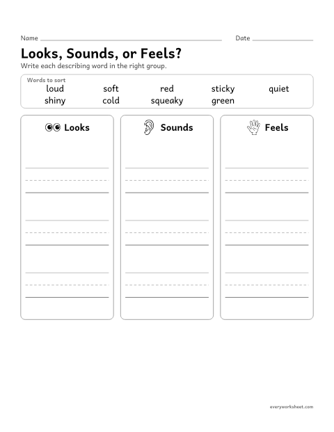 Preview of the printable “Looks, Sounds, or Feels?” worksheet: sorting describing words by the sense they use