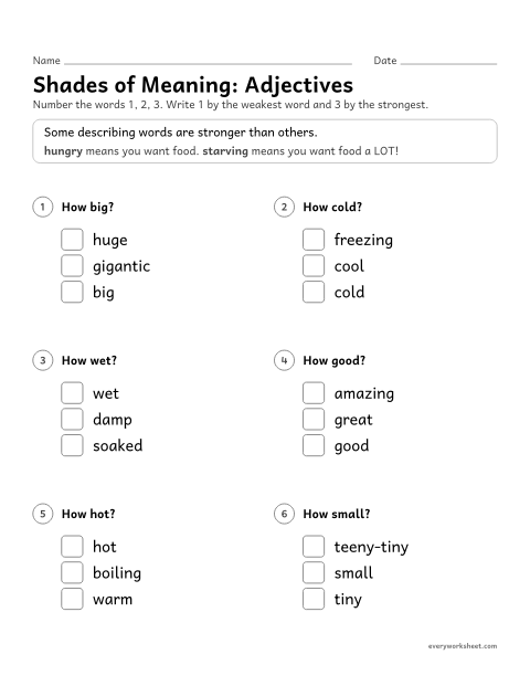 Preview of the printable “Shades of Meaning: adjectives” worksheet: ordering adjectives that mean almost the same thing