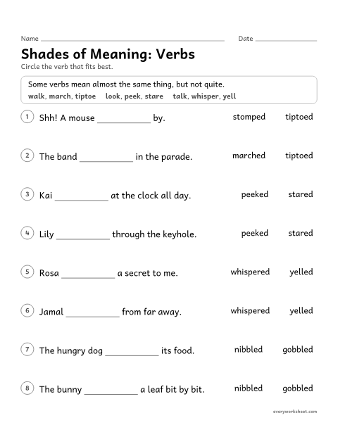 Preview of the printable “Shades of Meaning: verbs” worksheet: choosing between verbs that mean almost the same thing