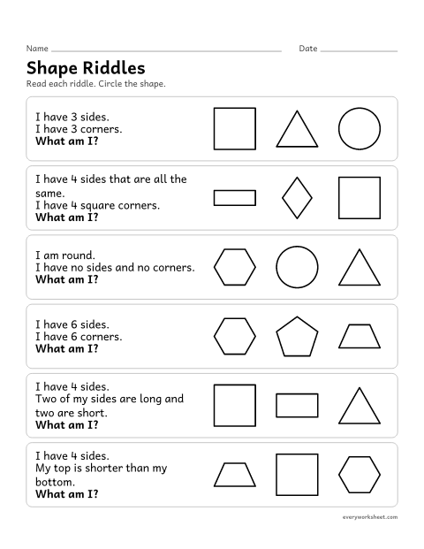 Preview of the printable “Shape riddles” worksheet: naming shapes from their attributes