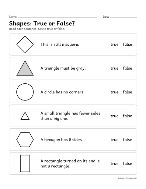 Preview of the printable “Shapes: true or False?” worksheet: telling which attributes make a shape what it is