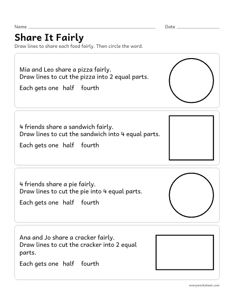 Preview of the printable “Share it fairly” worksheet: solving sharing stories by cutting a whole into halves or fourths