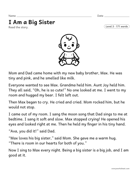 Preview of the printable “I am a big sister” worksheet: telling who is telling a story and finding its central message