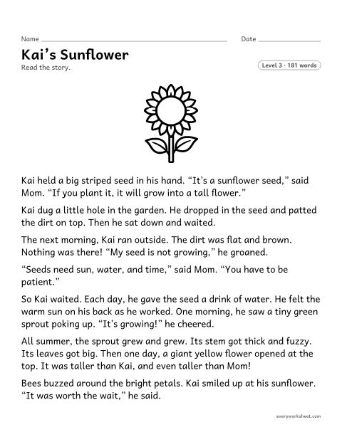 Preview of the printable “Kai’s sunflower” worksheet: retelling a story and finding its central message