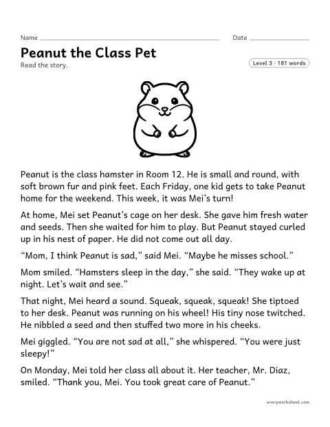 Preview of the printable “Peanut the class pet” worksheet: describing characters and major events in a story, using key details