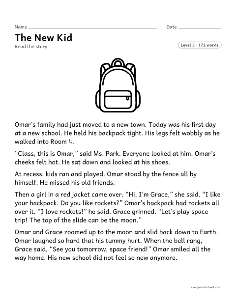 Preview of the printable “The new kid” worksheet: retelling a story about friendship and finding its lesson