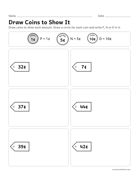 Preview of the printable “Draw coins to show it” worksheet: drawing dimes, nickels and pennies to make an amount