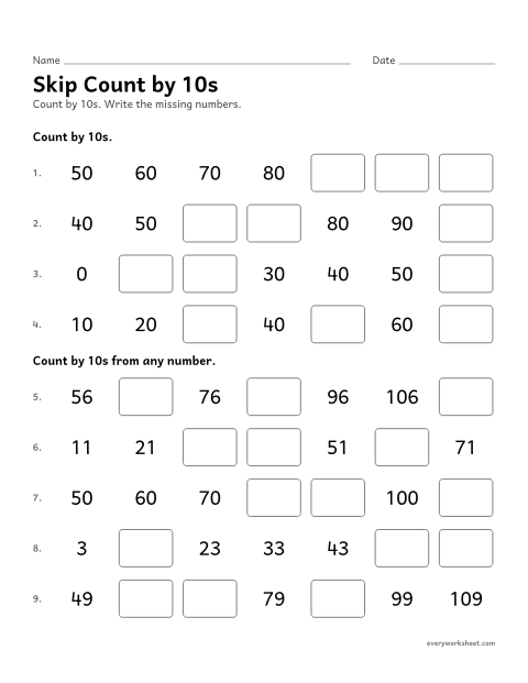 Preview of the printable “Skip count by 10s” worksheet: counting by 10s from any number