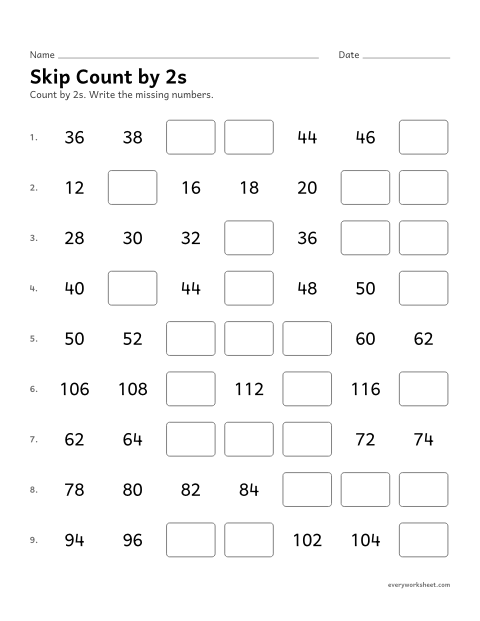 Preview of the printable “Skip count by 2s” worksheet: skip counting by 2s