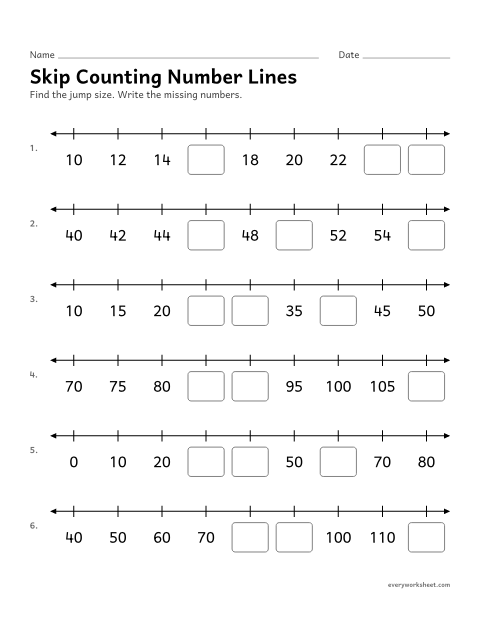 Preview of the printable “Skip counting number lines” worksheet: skip counting by 2s, 5s and 10s on a number line
