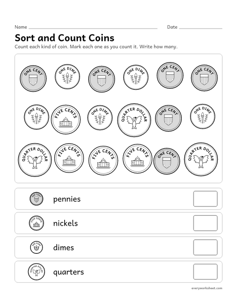 Preview of the printable “Sort and count coins” worksheet: sorting mixed coins and counting how many of each