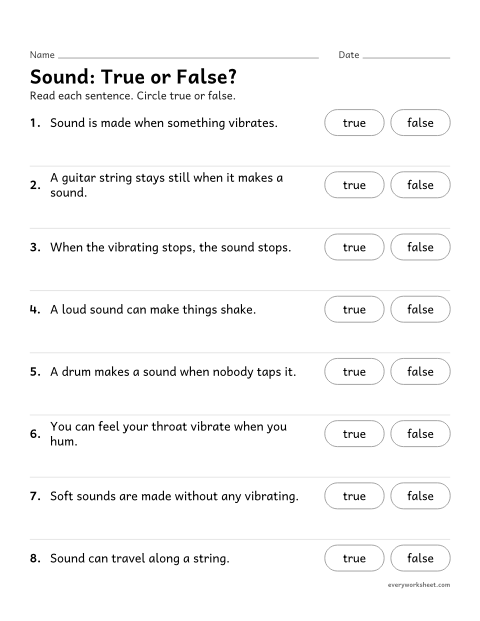 Preview of the printable “Sound true or false worksheet” worksheet: checking facts about sound and vibration