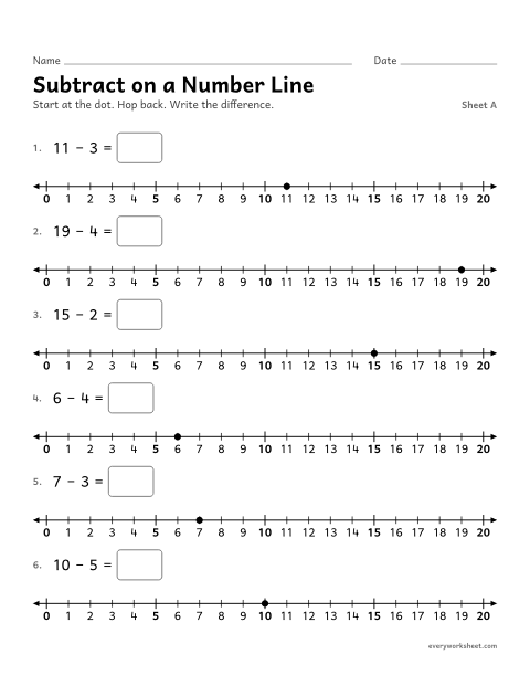Preview of the printable “Subtract on a number Line, sheet A” worksheet: subtracting within 20 by hopping back on a number line