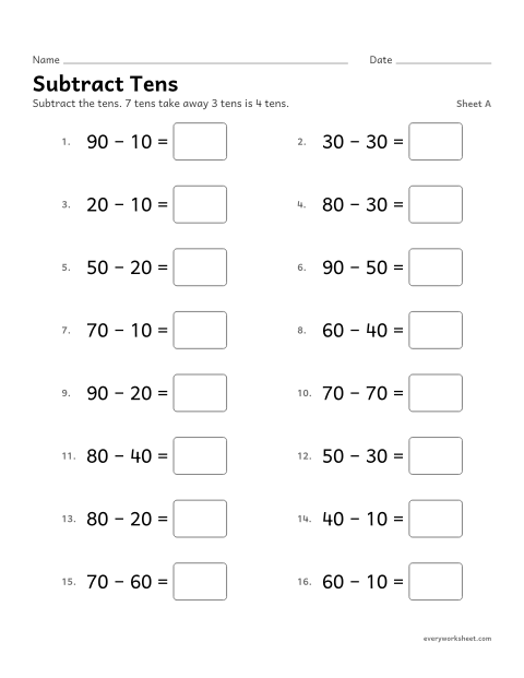 Preview of the printable “Subtract Tens, sheet A” worksheet: subtracting multiples of 10 from 10 to 90