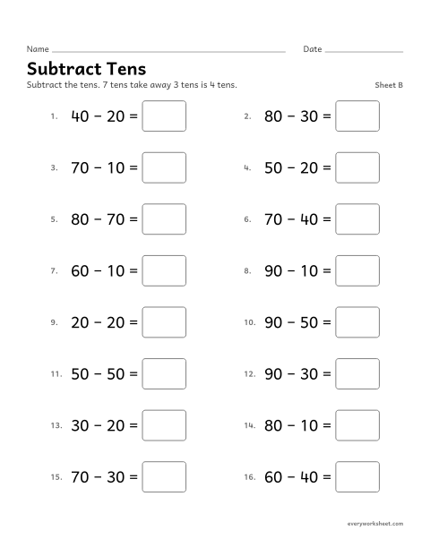 Preview of the printable “Subtract Tens, sheet B” worksheet: subtracting multiples of 10 from 10 to 90