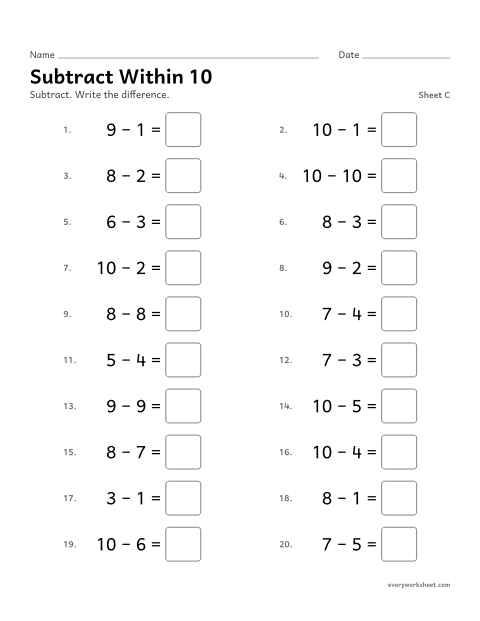 Preview of the printable “Subtract within 10, sheet C” worksheet: subtracting within 10