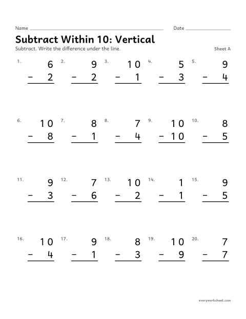 Preview of the printable “Subtract within 10: Vertical, sheet A” worksheet: subtracting within 10 in vertical form