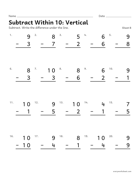 Preview of the printable “Subtract within 10: Vertical, sheet B” worksheet: subtracting within 10 in vertical form