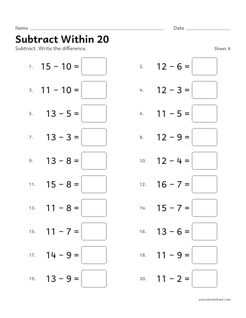 Preview of the printable “Subtract within 20, sheet A” worksheet: subtracting from 11 to 20