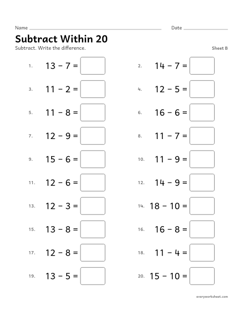 Preview of the printable “Subtract within 20, sheet B” worksheet: subtracting from 11 to 20
