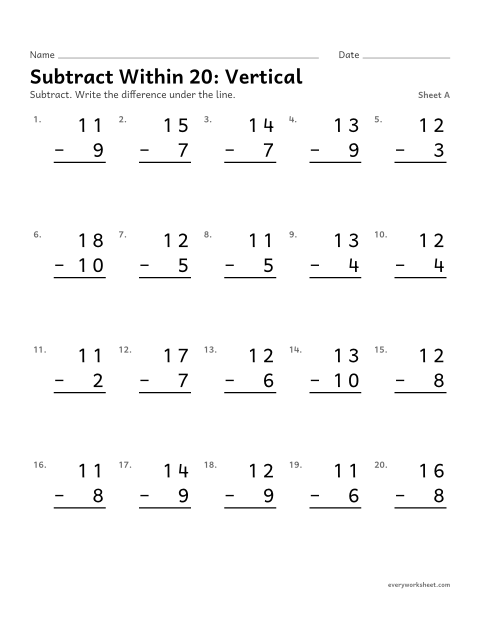 Preview of the printable “Subtract within 20: Vertical, sheet A” worksheet: subtracting within 20 in vertical form