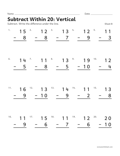 Preview of the printable “Subtract within 20: Vertical, sheet B” worksheet: subtracting within 20 in vertical form