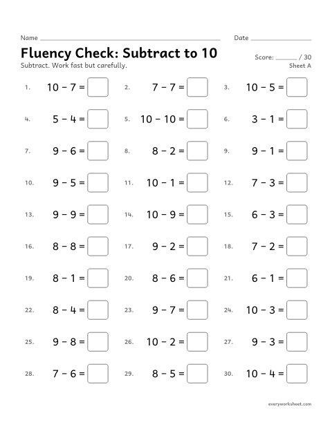 Preview of the printable “Fluency Check: subtract to 10, sheet A” worksheet: subtracting within 10 fluently